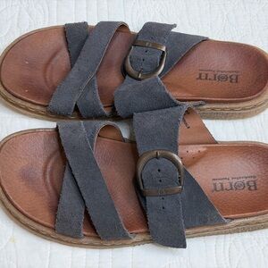 Born Caite Blue Suede Slip On Slide Sandals Leather Womens Size 8, 39 EU